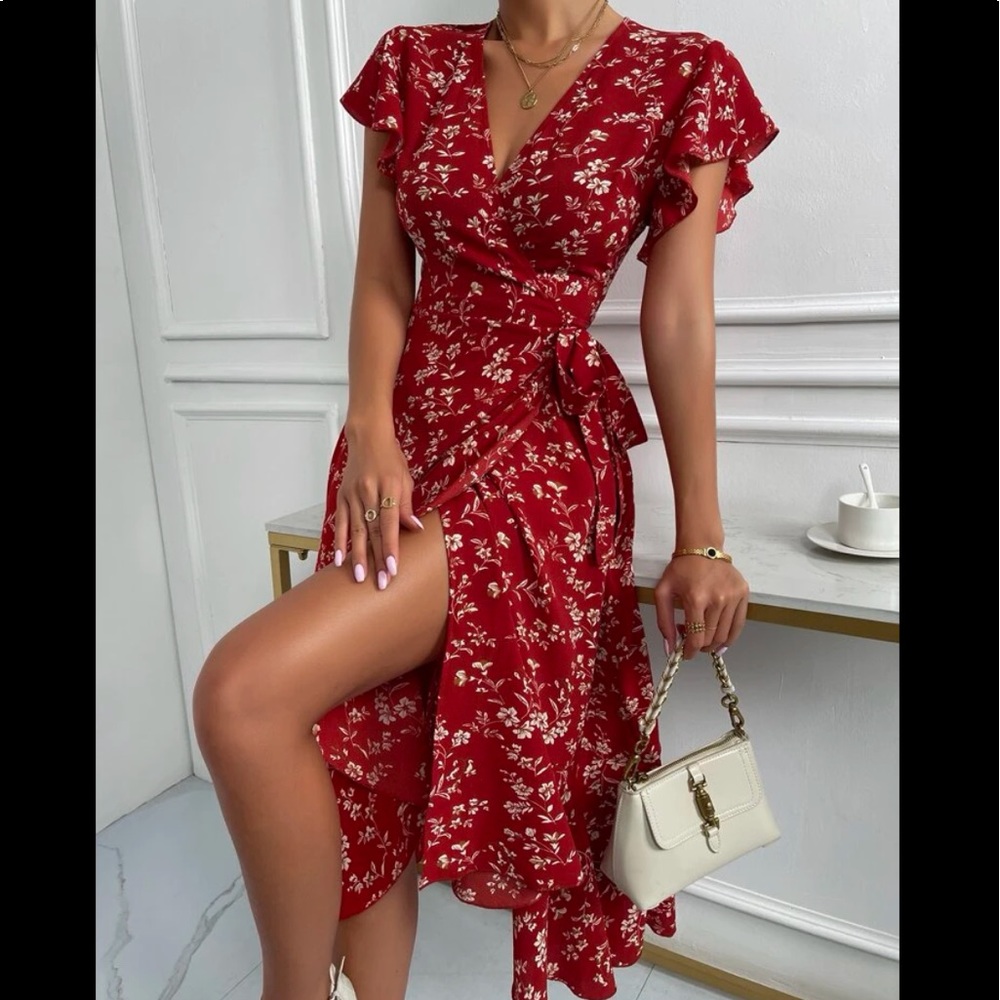 Boho Floral Print Butterfly Sleeve WRAP Dress Red